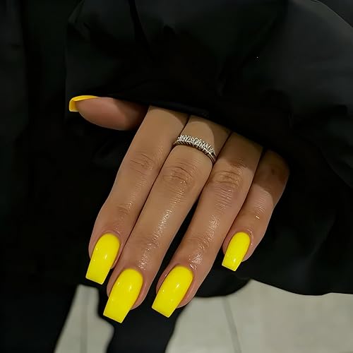 KQueenest Yellow Press On Nails Long Medium Coffin Gloss Bright