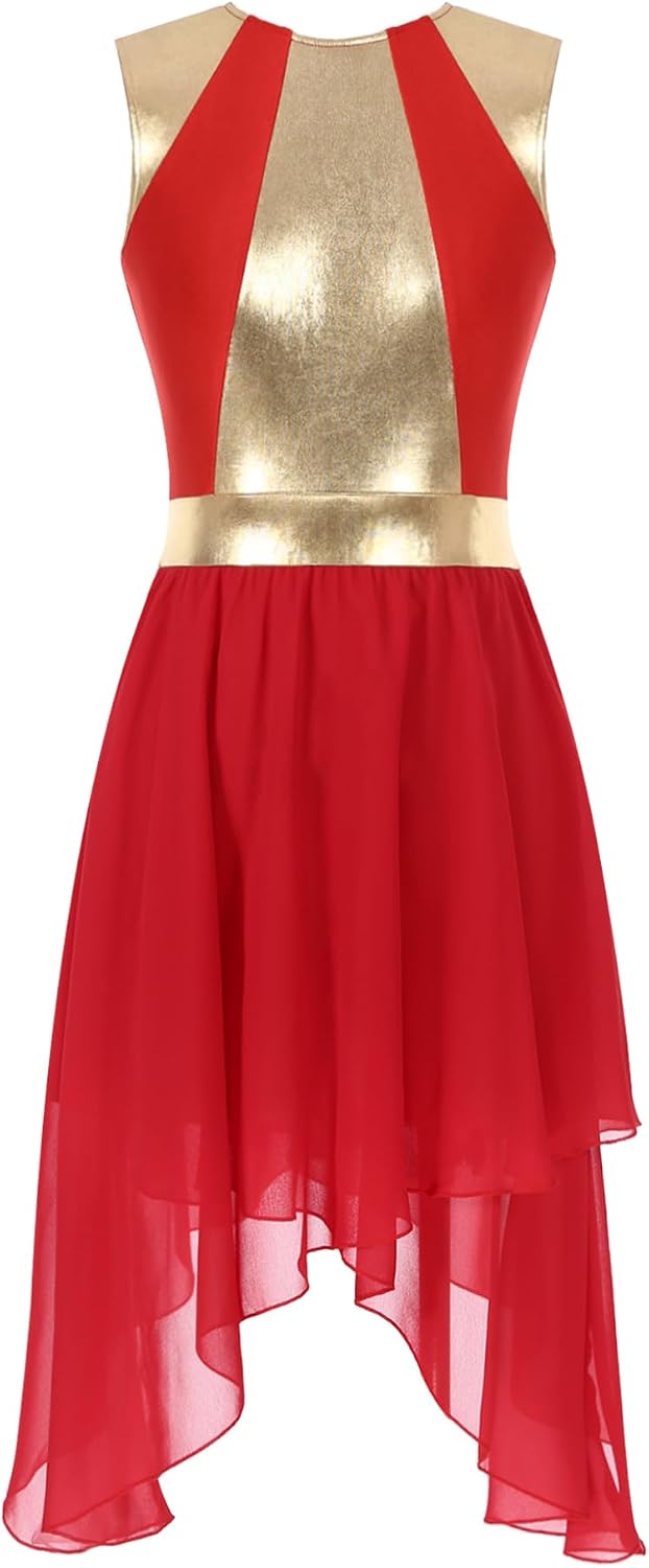 JanJean Women Metallic Lyrical Dance Costume Modern Dance Dress Praise Tunic Overlay Dress Performance