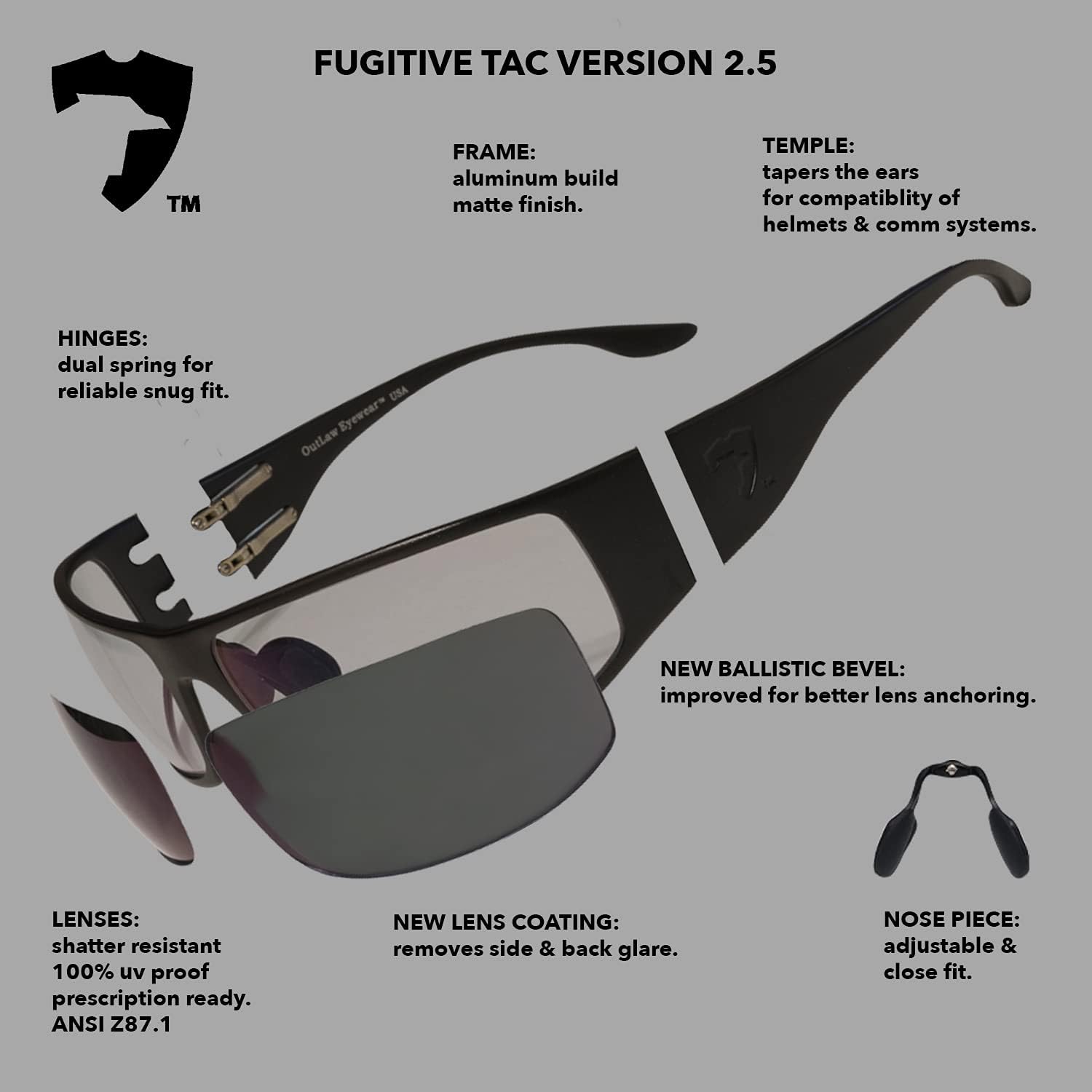 Fugitive Aluminum Tactical and Motorcycle Sunglass, ANSI Z87.1 Impact Protection USA - Image 2