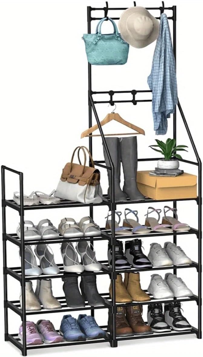 Hall Tree with Shoe Storage, 25-30 Pairs Shoes Vertical Metal Storage Rack Organizer Support Coats, Hat, Keys,Purse Hanging, Floor Standing Shelf for Entryway Door Home Closet,33" W