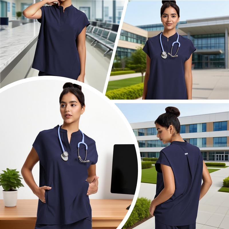 Leaddol Scrub Tops for Women, Mandarin Collar Oversized Fit Soft Stretch Medical Scrub Shirts with 2 Pockets - Image 5