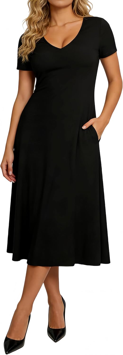 Women's V Neck Nightgown with Pockets Soft Midi Sleep Dress Breathable Cooling Moisture Wicking Loungewear Nightwear - Image 2