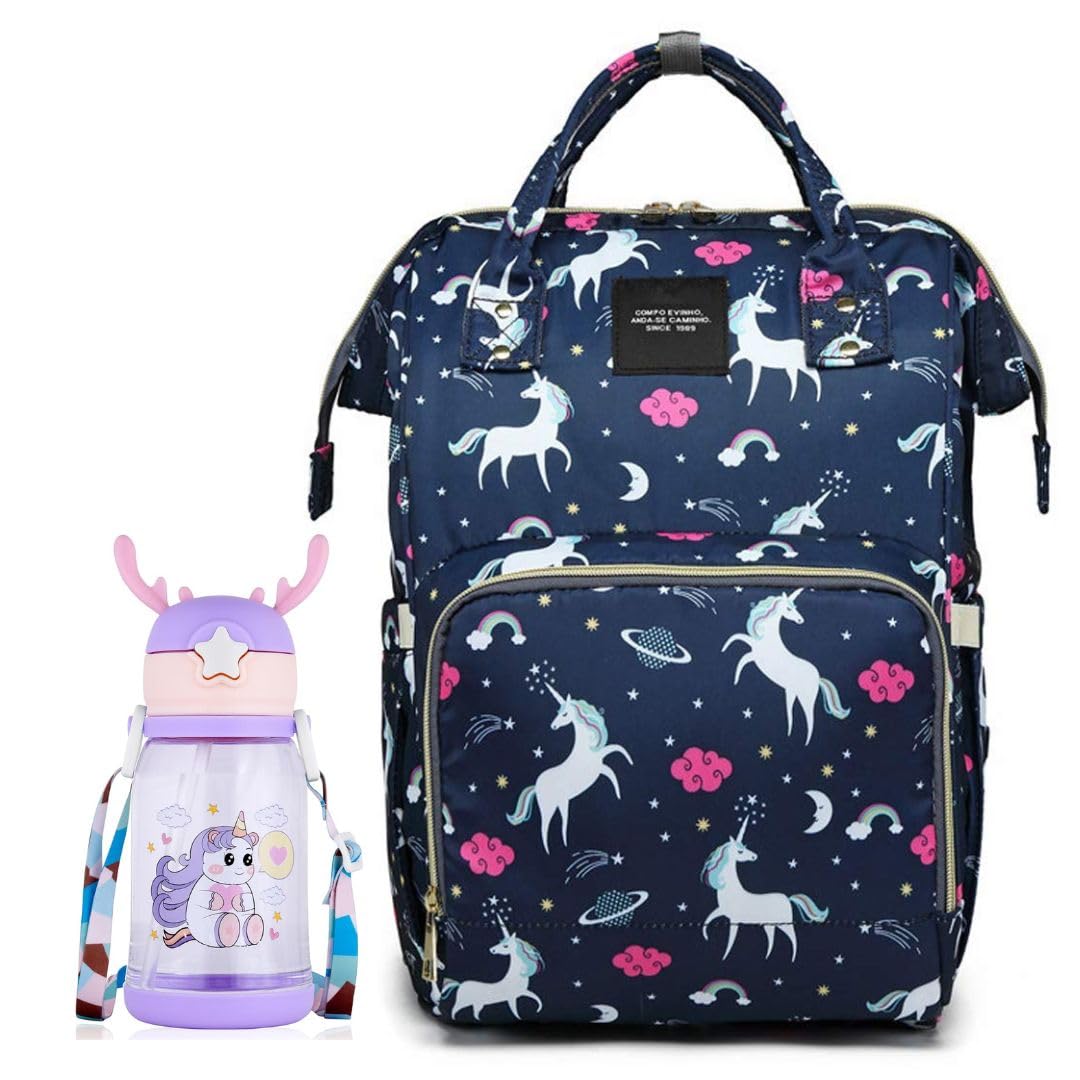 Baby Diaper Bag Kids Travelling Bag with Insulated Bottle Pockets for Toddlers & Infants (Combo of Unicorn Blue Bag & Bottle)-image-48