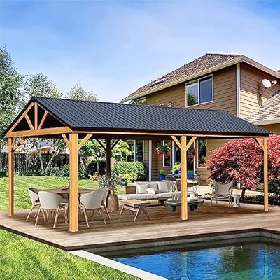 Evedy 12' x20' Wood Hardtop Gazebo, Solid Wood Hardtop Pavilion, Galvanized Steel Gable Roof Gazebo Pergola with Wood Grain Aluminum Frame, for Patio, Lawn, Garden, Easy Installation