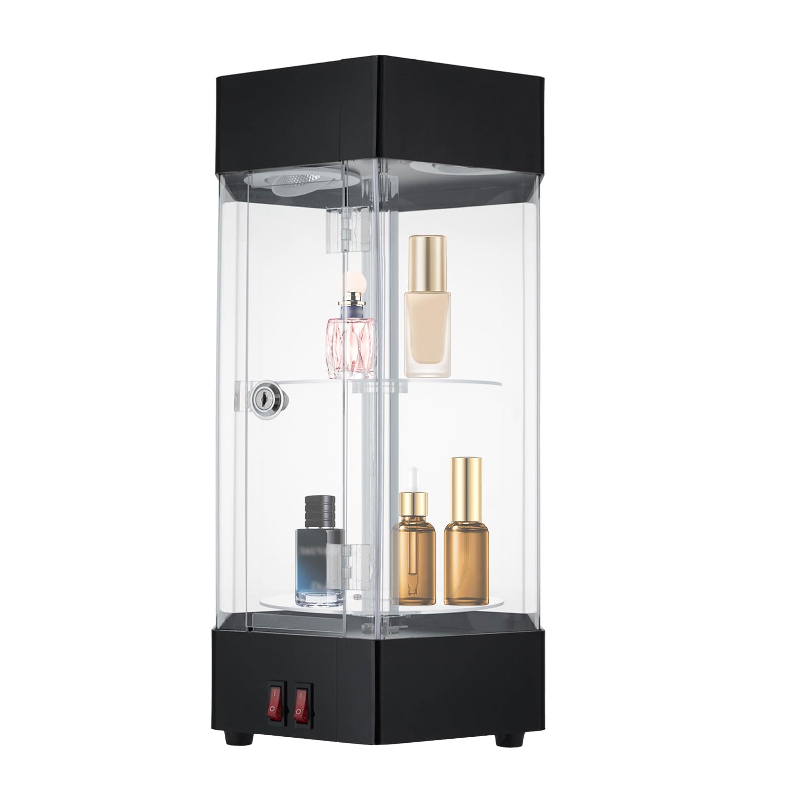 CeRaBuRET Electric 360° Rotating Clear Display Case with LED lights, Jewelry Display Case with Lockable Door and Keys, 2-tier Acrylic Display Case, Jewelry Storage Organizer for Valuable Collections.