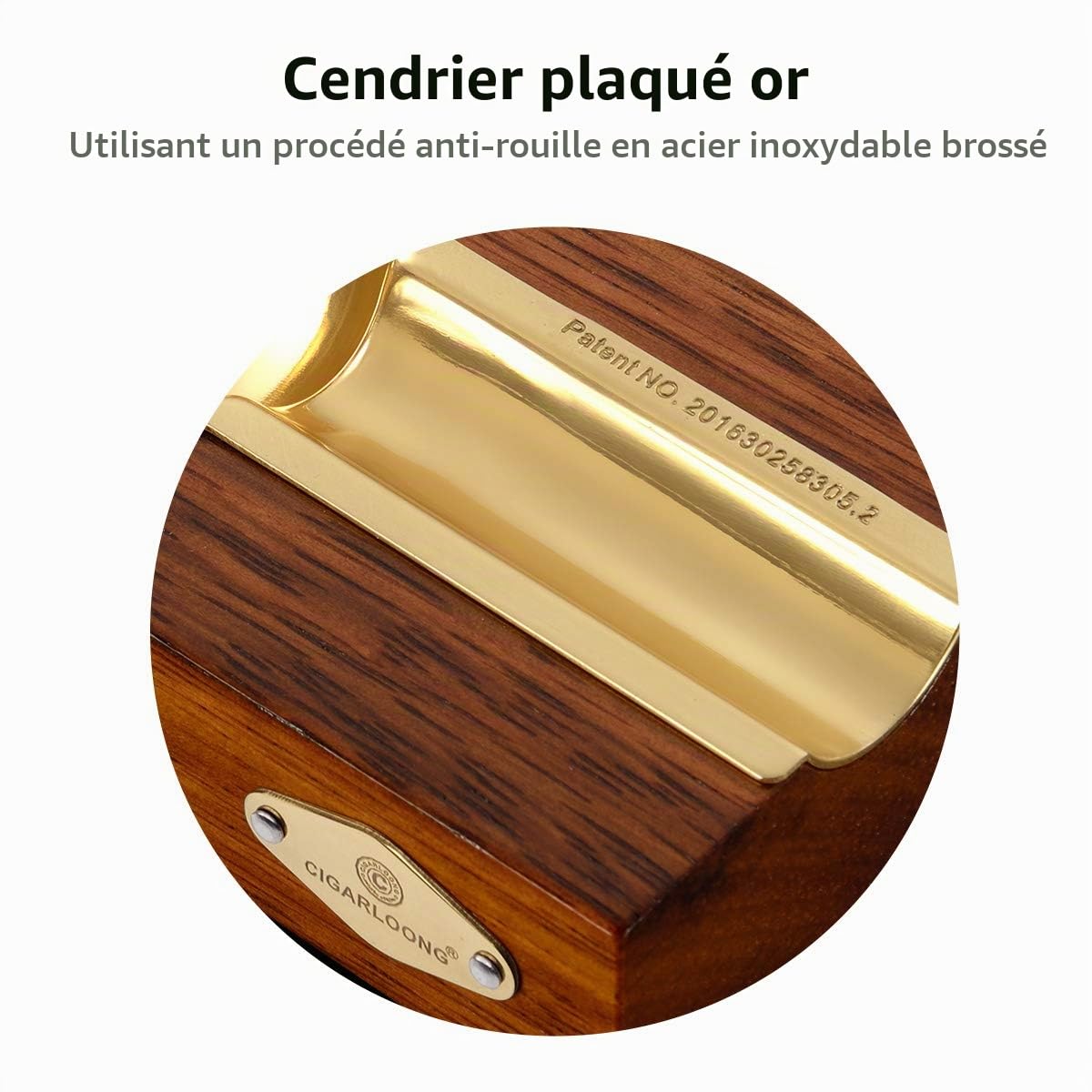 Cendrier à cigares en bois avec doublure en métal, grande fente unique et logo magnifiquement sculpté, cendrier classique élégant pour terrasse, extérieur, intérieur (Marron Noir)