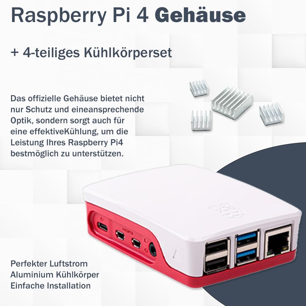 Raspberry Pi 4 4 GB / 8 GB Starter Kit | 64 GB SD tarjeta | Fuente de alimentación USB-C de 15 W | Carcasa | Cable Micro HDMI 4K | Juego de disipador de calor (4 GB de RAM)