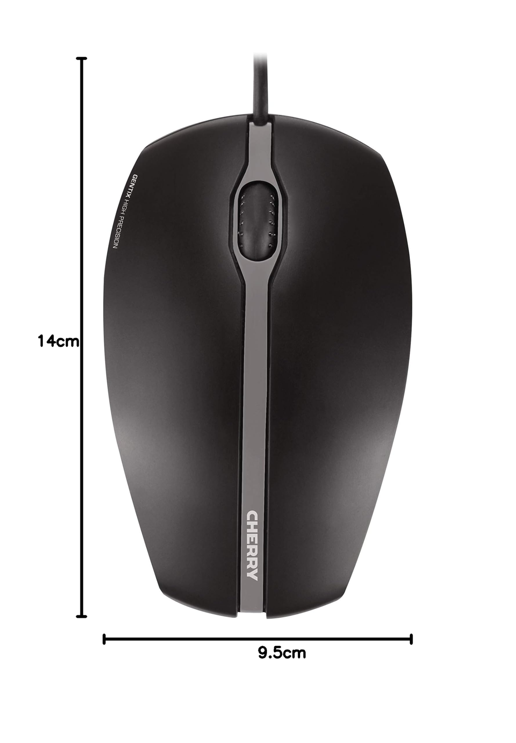 CHERRY GENTIX Corded Optical Mouse, przewodowa mysz z 3 przyciskami i czujnikiem optycznym o wysokiej rozdzielczości 1000 dpi, odpowiednia dla użytkowników prawo- i leworęcznych, gumowane boki, czarna