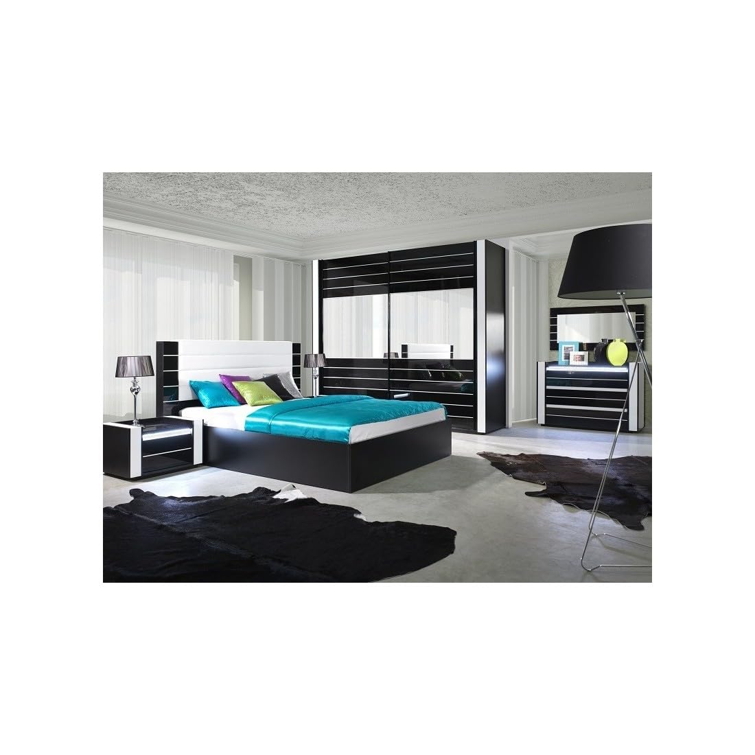 Ensemble de chambre à coucher LINA noir avec lit, commode et chevets
