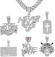 GuoShuang Iced Out Silver Cuban Link Chain Necklace with Tiger Cross or VISA Pendant - Miami Hip Hop Jewelry for Men
