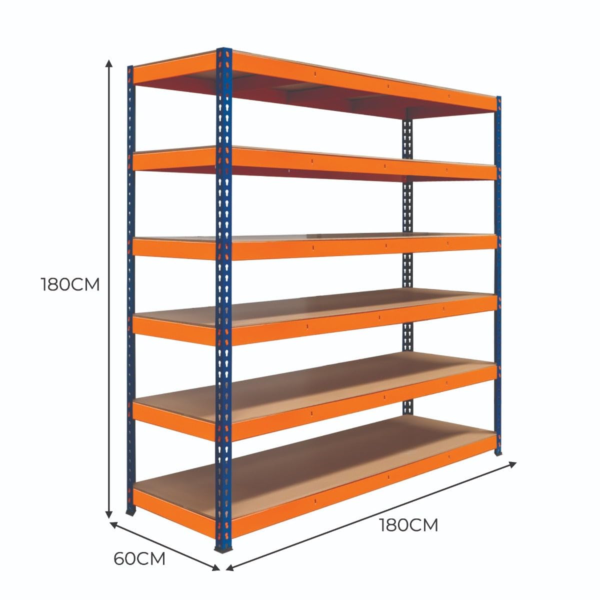 Lagerregal S-Rax Regal 6 Böden | 180 x 180 x 60cm Schwerlaststahl | 300kg Kapazität pro Fach | Verstellbare Böden & Schraubenlos | Lager Werkstatt Garage [mit Gummifüße & 3 verstärkte Stützstangen]