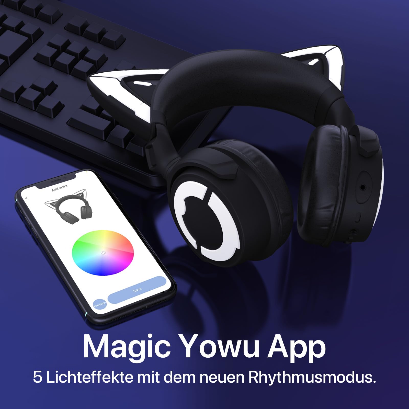 YOWU RGB Cat Ear Headphone 4, verbessertes kabelloses und kabelgebundenes Gaming-Headset mit ansteckbarem HD-Mikrofon – aktive Rauschunterdrückung, anpassbare Beleuchtung und Effekte per APP (Schwarz)