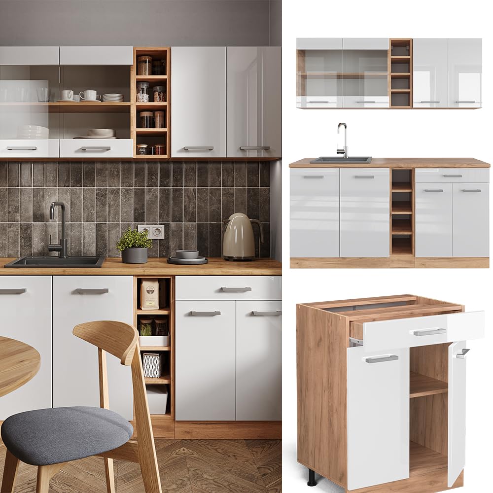 Vicco Singleküche R-Line, Weiß Hochglanz/Goldkraft Eiche, 160 cm | ohne Arbeitsplatte, zur individuellen Kombination und Erweiterung geeignet