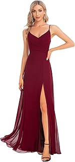 Women's Summer Backless Chiffon Bridesmaid Dresses Spaghetti Straps V-Neck Slit Long Formal Wedding Guest Dress