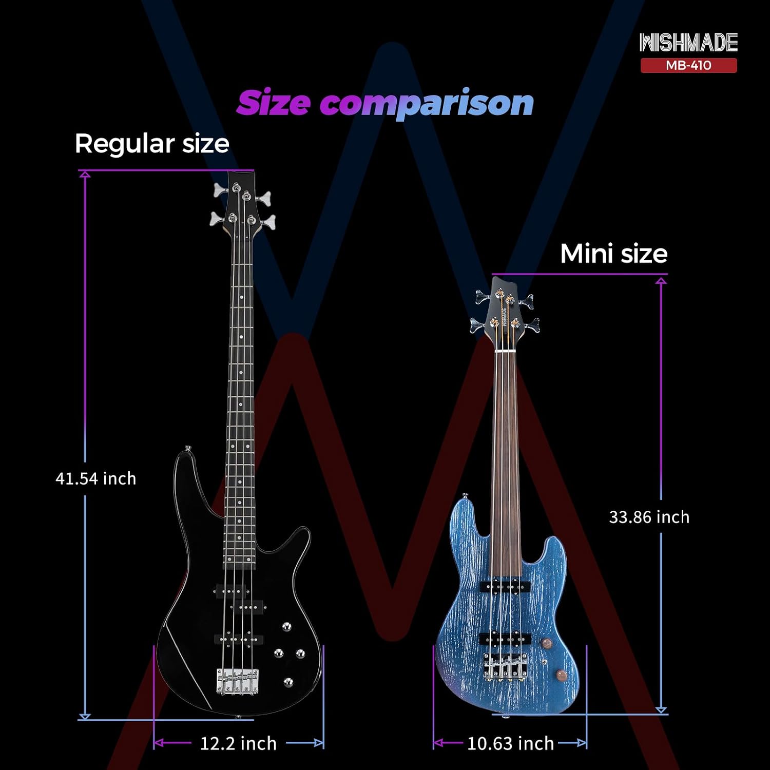 WishMade Fretless Travel Electric 4 String Bass Guitar Portable Short Scale Small Bass Guitars with Gigbag Maple Neck (Chameleon)
