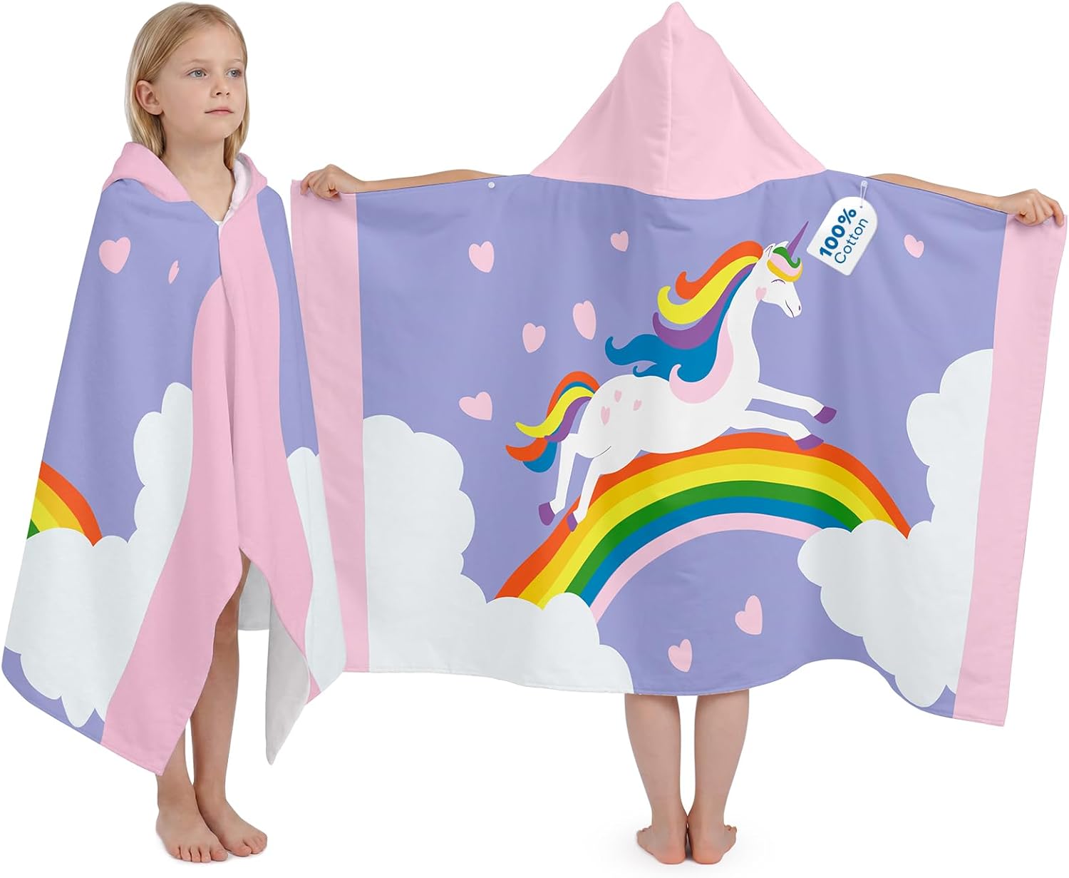 Kids Hooded Beach Towel 100% Cotton, Large Size 50"x30" with 2 Snaps, Soft & Absorbent Bath Poncho for Bathroom, Pool, Swim (Rainbow Unicorn)
