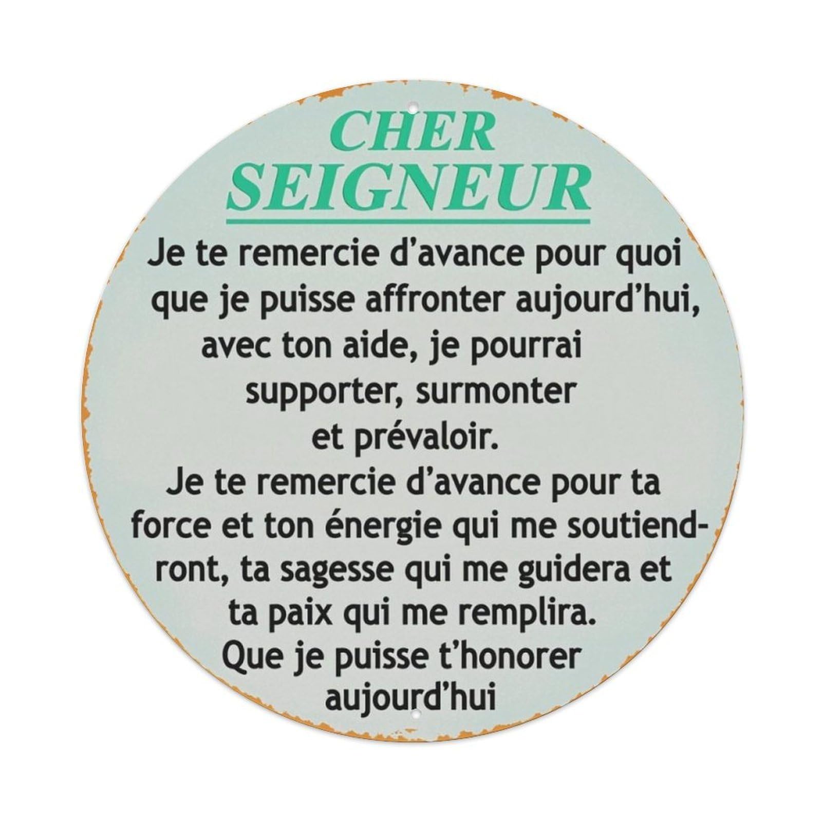 French Dear Lord Prayer Vintage Distressed Round Tin Sign Vintage Aluminium Metal Sign, Retro Wall Decor for Home, Bar, Garage & Farmhouse 20x20cm