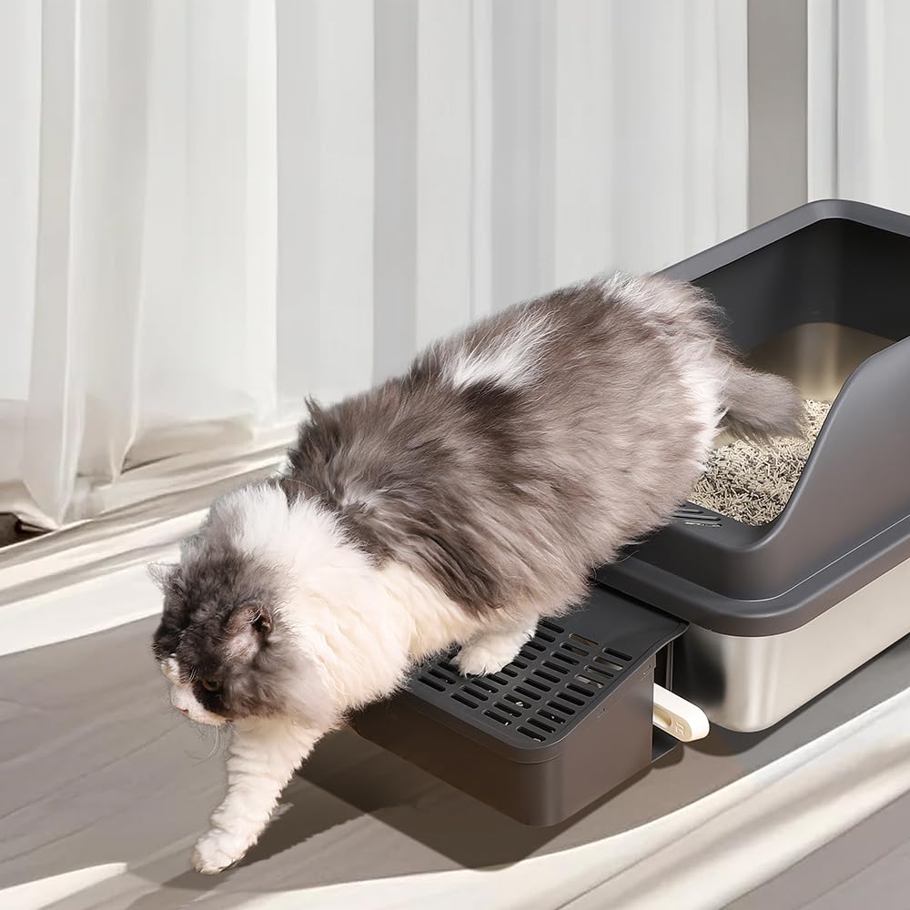 SZEETECH Kattentoilet, roestvrij staal, XL, kattenbak met deksel, groot met hoge rand, gemakkelijk te reinigen, halfgesloten, roestvrij staal, kattenbak met deksel, 60 x 40 x 39,5 cm, zwart