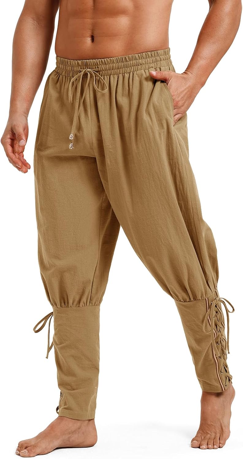 Runcati Mens Medieval Ankle Banded Pants Pirate Renaissance Viking Navigator Pants Lace Up Cotton Halloween Costume Trousers - Image 4
