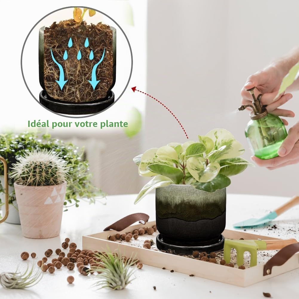 Oairse Pot en céramique pour plantes, 13 cm, vase de plantation en céramique, petit pot décoratif avec trou de drainage et sous-pots, dégradé de couleur, noir, pour l'extérieur, pot de fleurs