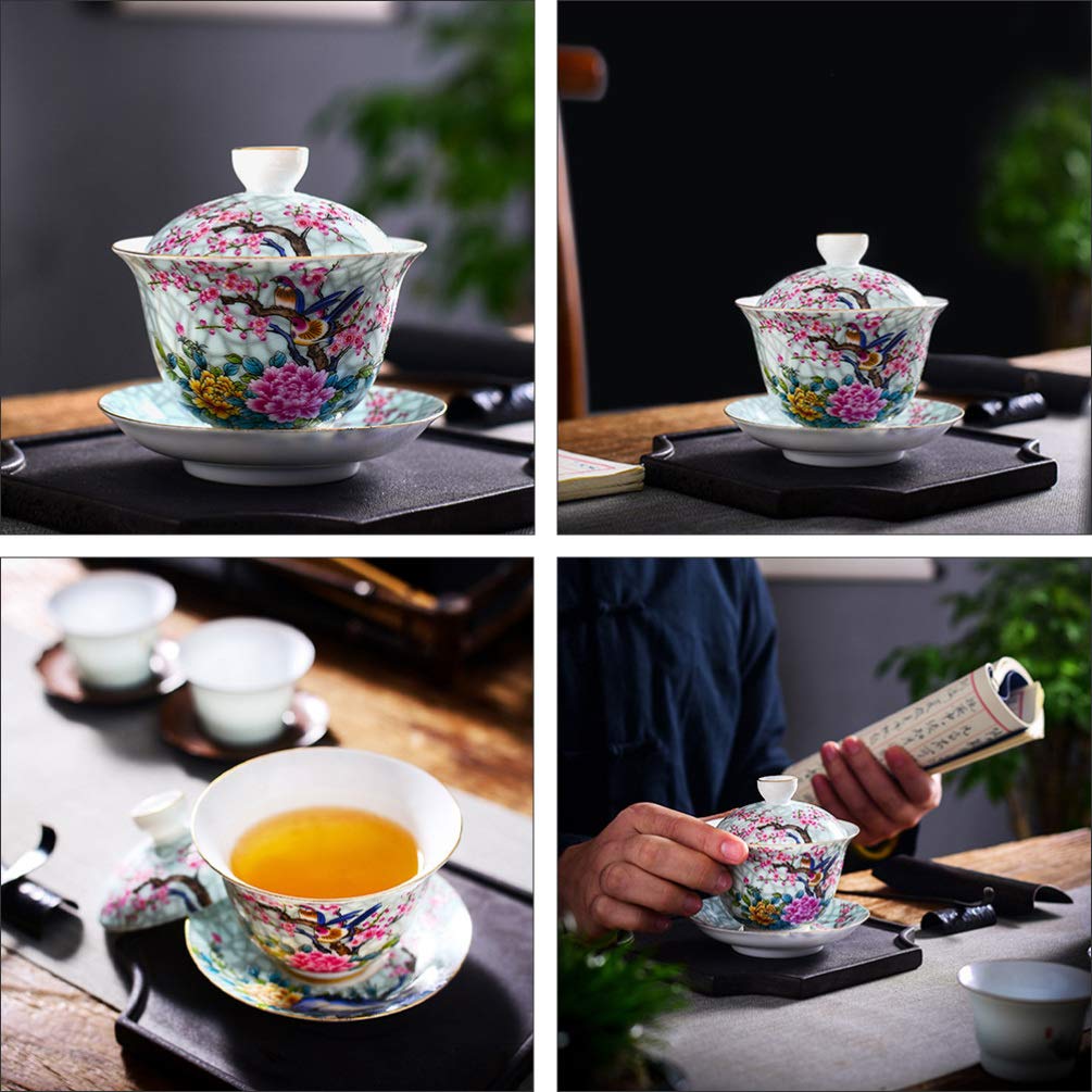 Juego de Tazas de té Estilo Palacio, Taza y platillo de cerámica de Porcelana China, Taza de té y café para el Desayuno, Cocina casera, Taza de té con diseño de pájaro y Rama (Colo