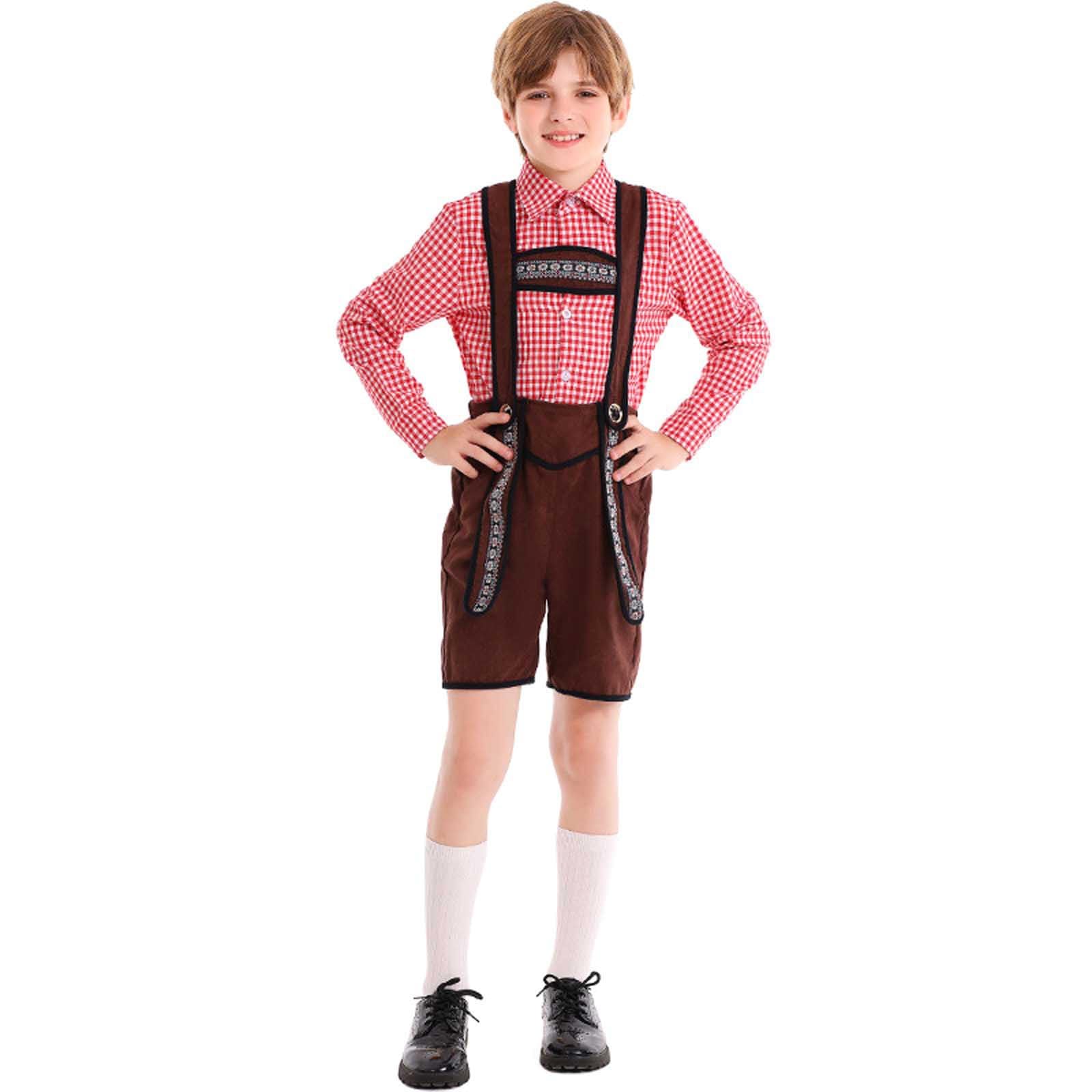 Generisch 2 Teilig Trachtenset Kinder Oktoberfest Kostüm Set, Kariert Trachtenhemd Jungen, mit Lederhosen Kinder, Kleidung Bayerlsches für Oktoberfest, Volksfest
