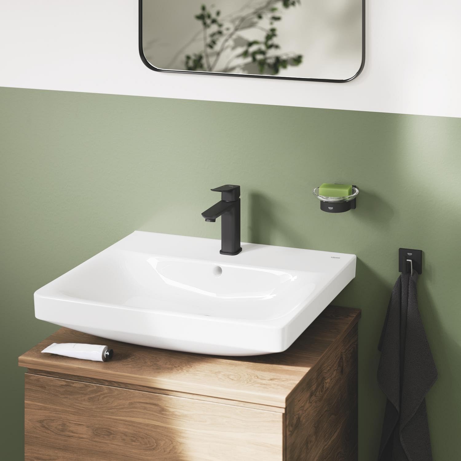 GROHE Dice Grifo Monomando de Lavabo M con Vacío Automático (Cartucho Cerámico 28 mm, Ahorro de Agua, Conexiones 3/8", Fácil de Instalar QuickTool Incluido) Negro Mate, 1018322430