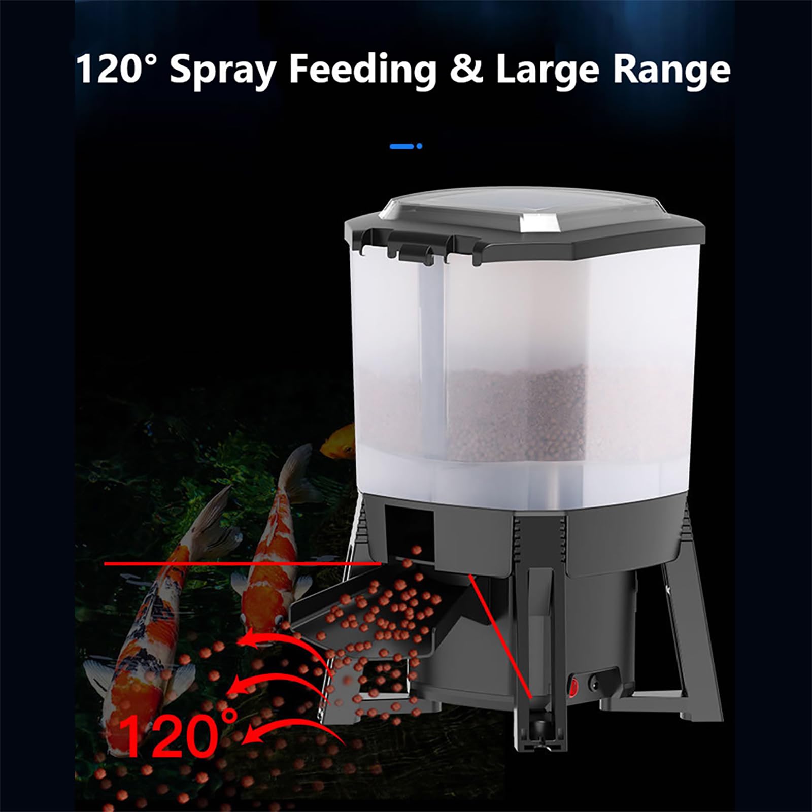 Distributore elettrico per mangime per pesci, 6 l, automatico, con design di alimentazione a 120°, distanza regolabile e timer, per particelle di cibo per pesci da 3-10 mm