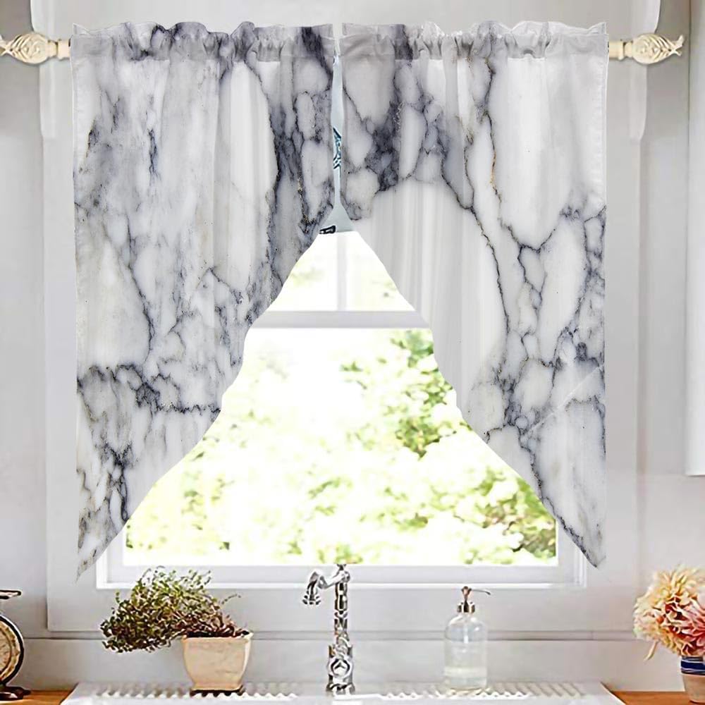CAPSCEOL Swag Kitchen Curtains Valances for Windows,Black White Marble Swag Curtains Rod Pocket Curtain for Kitchen Living Room Bathroom (2 Panels, 63X36 Inches)