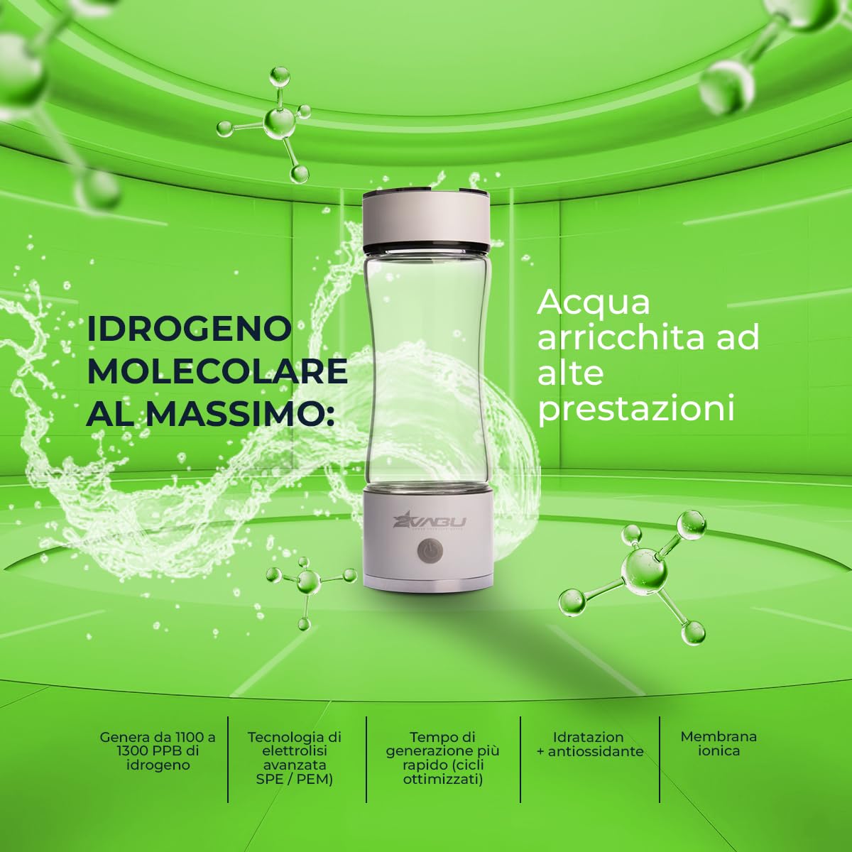 Molecular Curve – Borraccia Acqua Idrogenata Ricaricabile – 1300 PPB Idrogeno Molecolare – Ionizzatore Acqua con Tecnologia SPE e PEM – 450 ml
