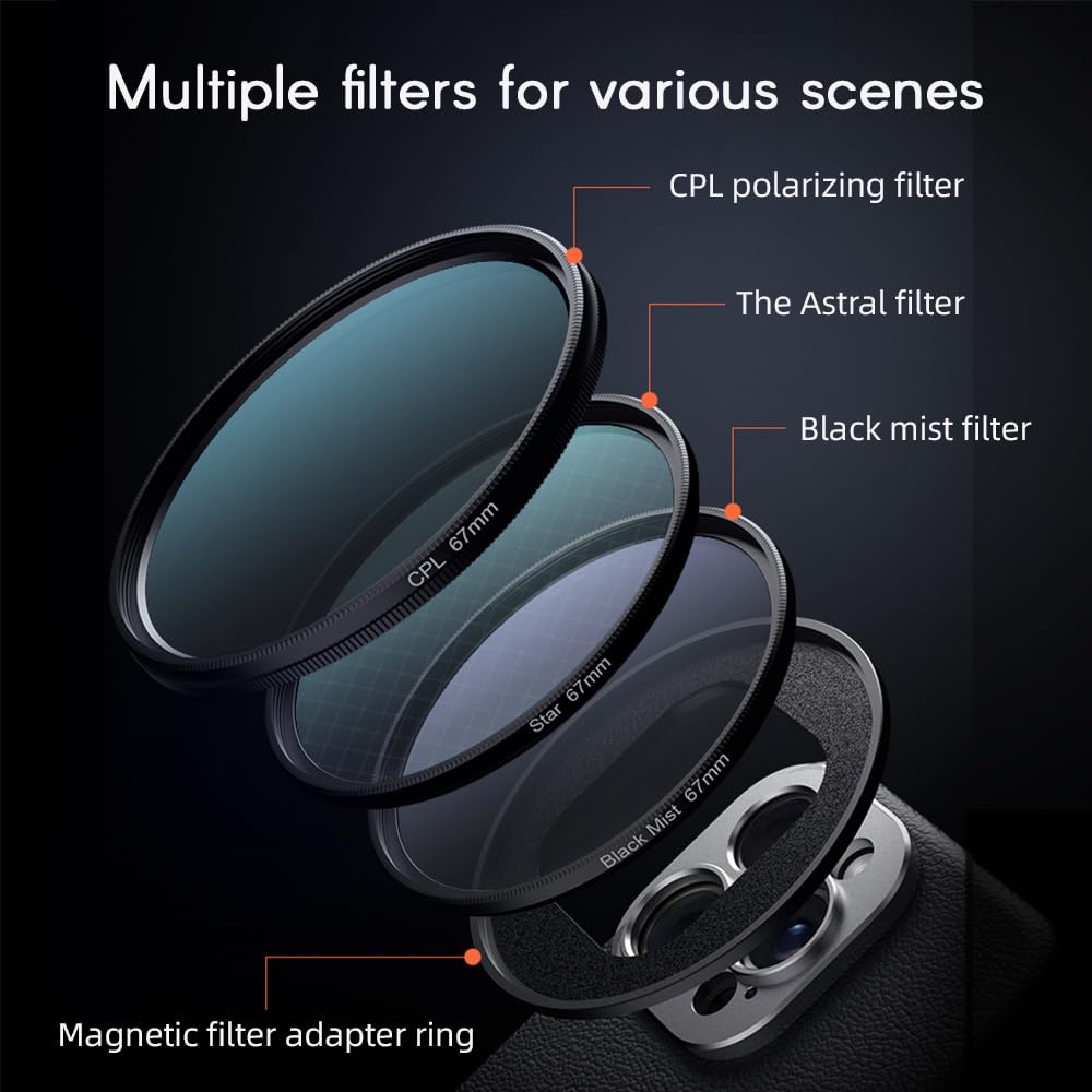 Andoer Kit de filtros para Lentes de teléfono de 67 mm Que Incluye Filtro CPL + Filtro Astral + Filtro de Niebla Negra + Anillo Adaptador magnético de 67 mm + Funda de Repuesto