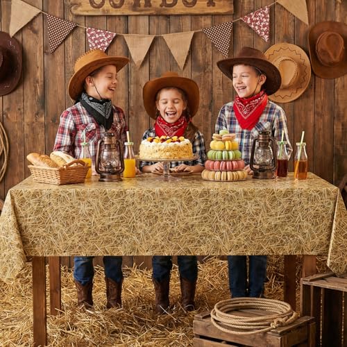 Image of 3 Pack Straw Plastic Tablecloth, 54 x 108 Inch Disposable Farm Hay Tablecloths Waterproof Rectangle Western Birthday Theme Table Cover for Cowboy Western Barn Birthday Baby Shower Party Supplies