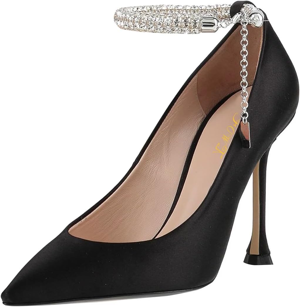 FOWT Women Pointed Toe Chain Pumps Ankle Strap Stiletto High Heels Formal Party Evening Wedding Shoes Size 4-16 US