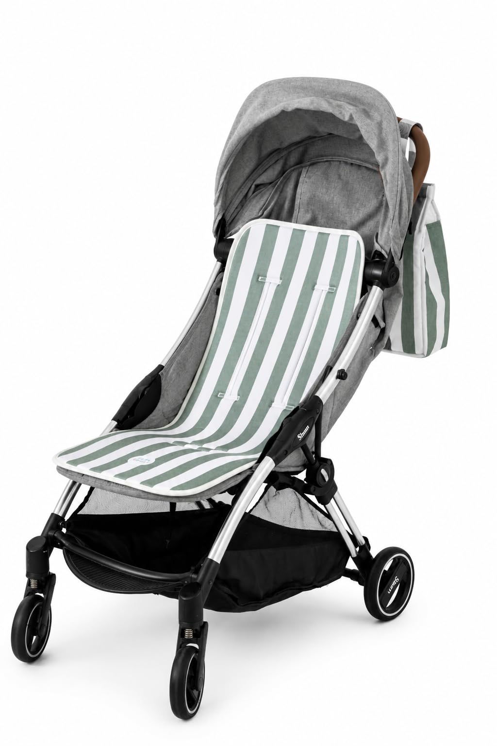 Baby Pasitos Colchoneta Bebé Universal 34x84 cm y/o Bolso Organizador Carro 35x33x10 cm – Accesorios Silla Paseo – Transpirable 3D – Pack Disponible (Pack Bolso y Colchoneta Rayas Verde Kaki)