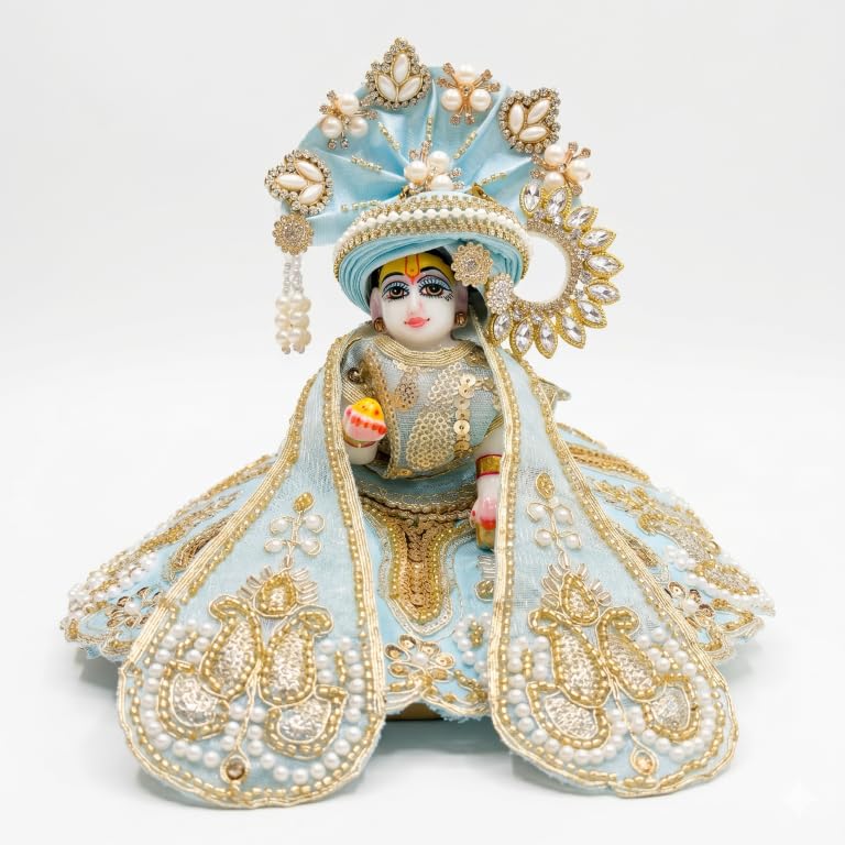 Laddu Gopal Firozi Designer Poshak Set with Mukut, Chunari & Patka | Heavy Shringar Dress for Thakur Ji & Bal Krishna | 10 Inch Size | Pack of 4-image-11