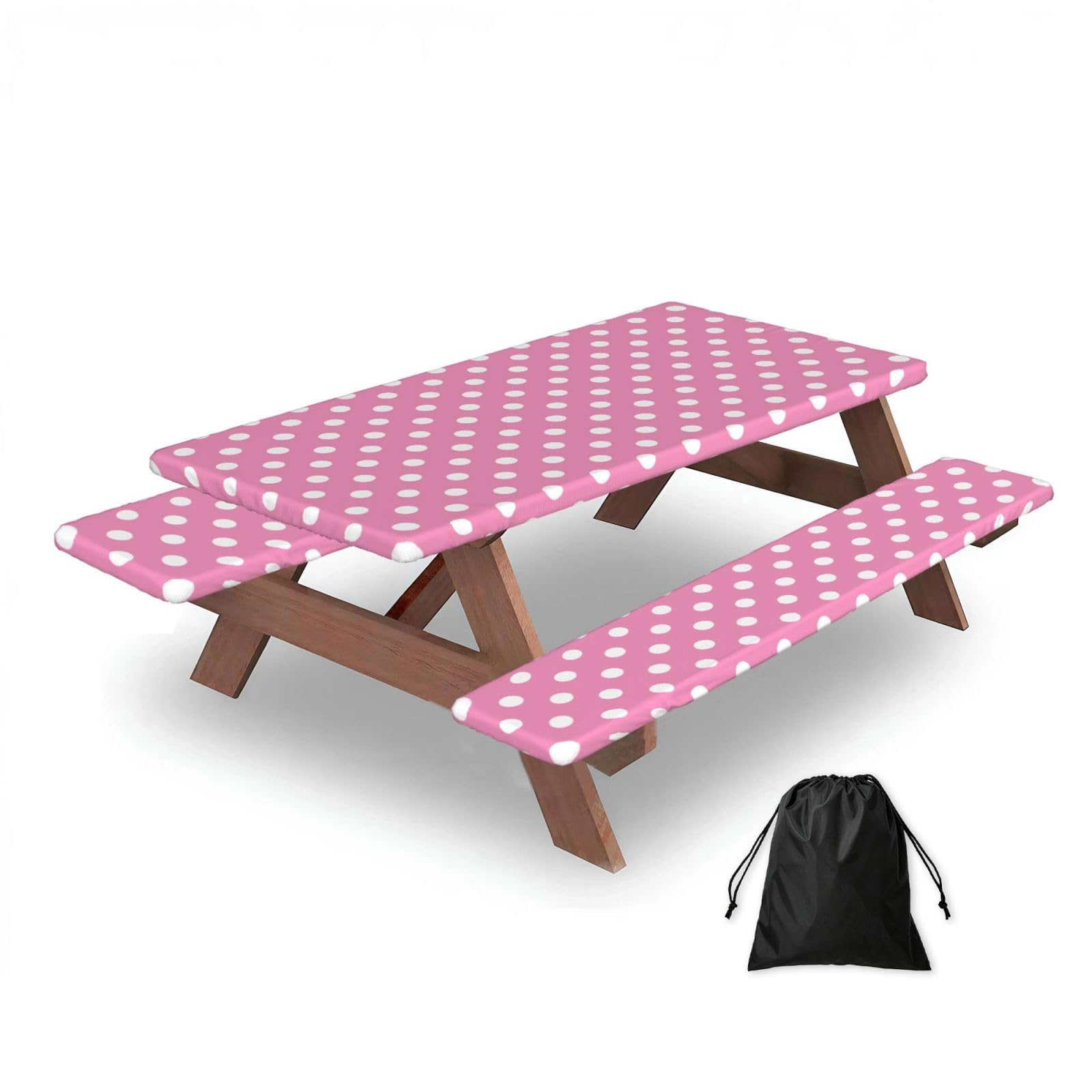 Dopklna As Picture Pink Polka Dot, Picnic Table Cover With Bench Covers -Waterproof Elastic Fitted Tablecloth For Garden Camping Patio 76X152cm