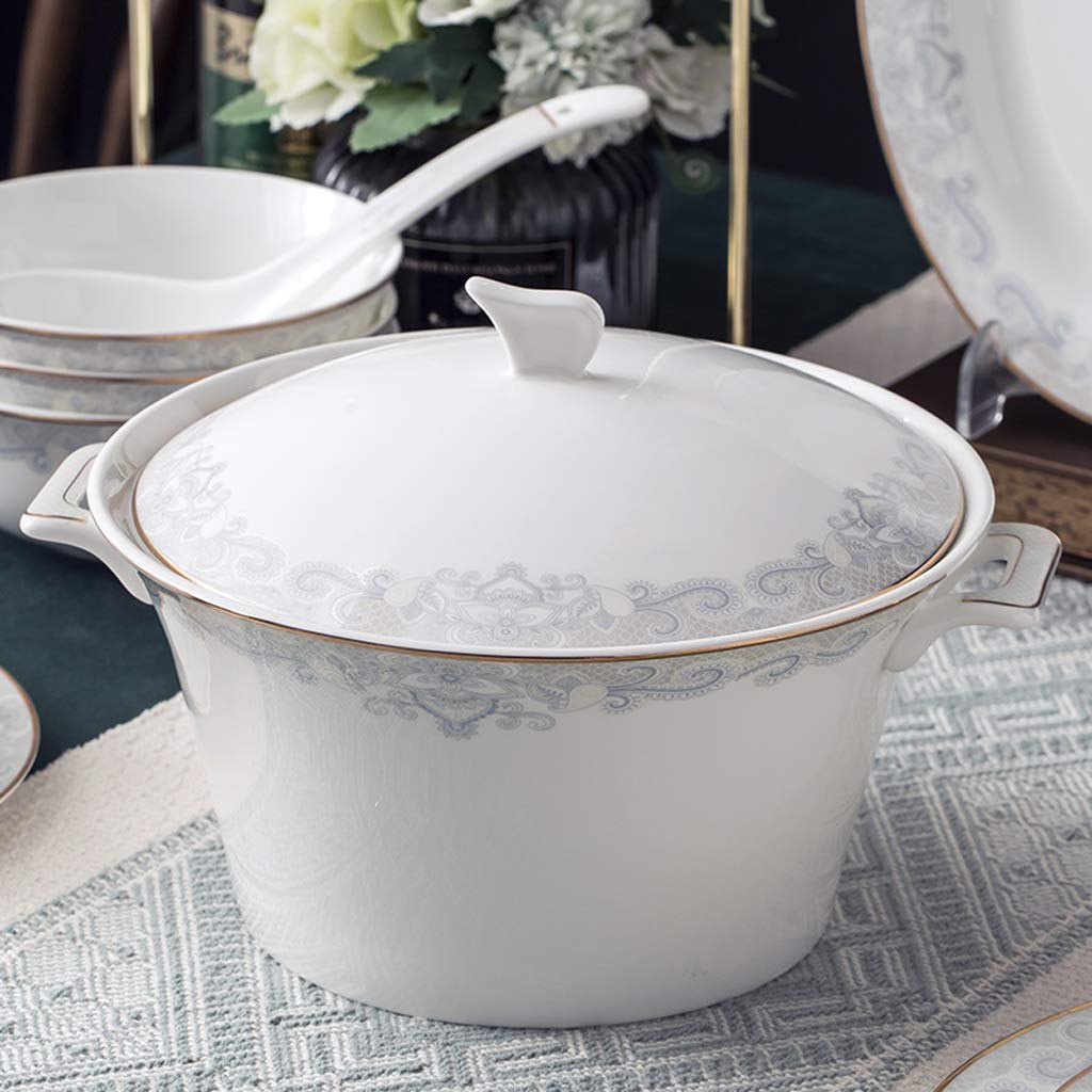 Stylowe talerze obiadowe, zestaw naczyń ceramicznych, miska i naczynie na płatki zbożowe oraz garnek do zupy | 58-częściowe zestawy obiadowe z porcelany kostnej na prezenty ślubne - elegancki zestaw