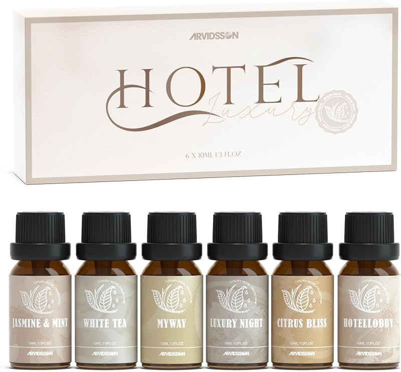 ARVIDSSON Juego de regalo de aceite difusor de hotel, aceites esenciales de hotel para difusor | Inspirado en el aroma de un hotel de 5 estrellas, aceite aromático de lujo para manualidades y difusores ultrasónicos y sin agua, 6 x 10 ml
