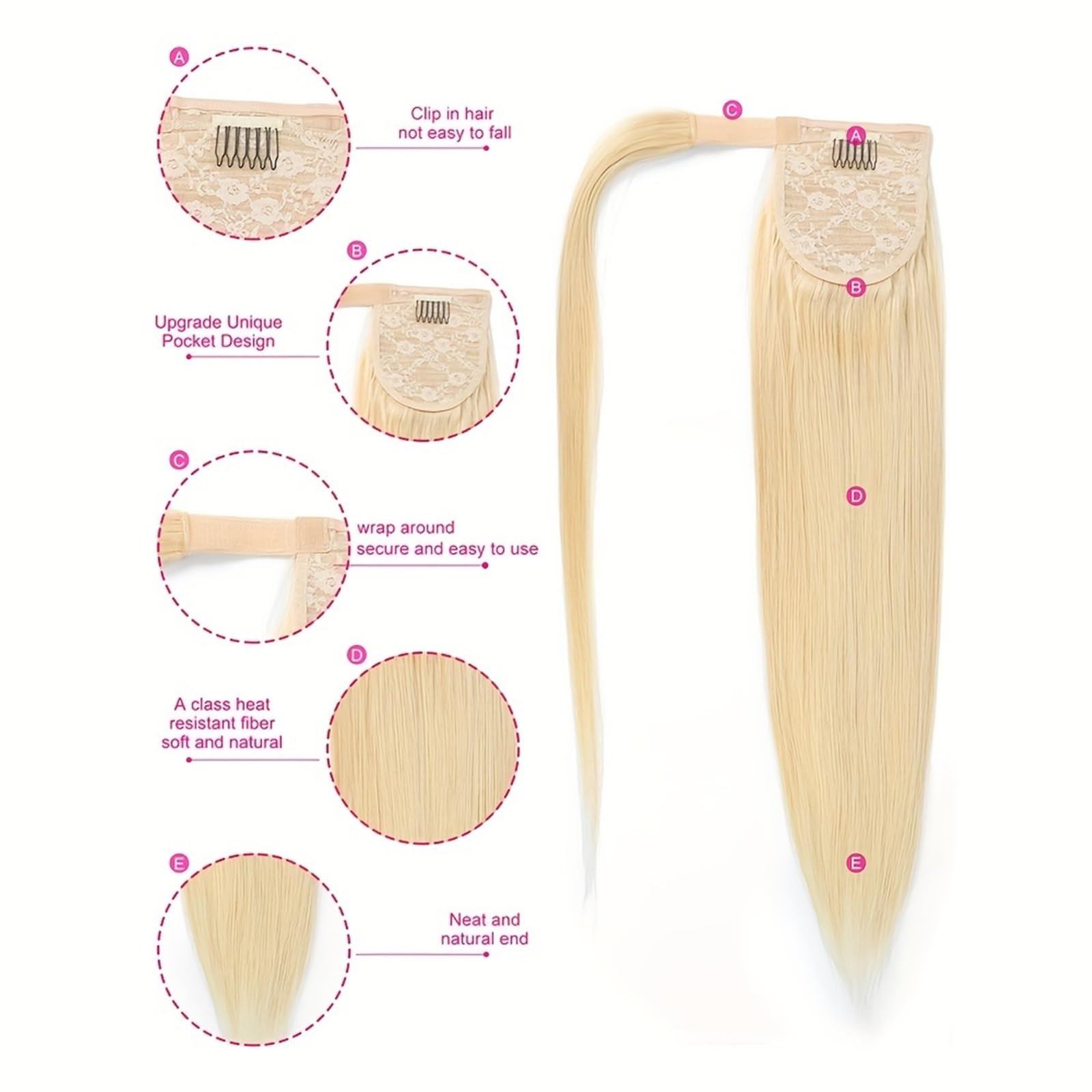 Naturalny Prosty blond kucyk z ludzkich włosów, jedwabny prosty kucyk, przedłużany wokół kucyka, #613 Idealny wygląd(8inches)
