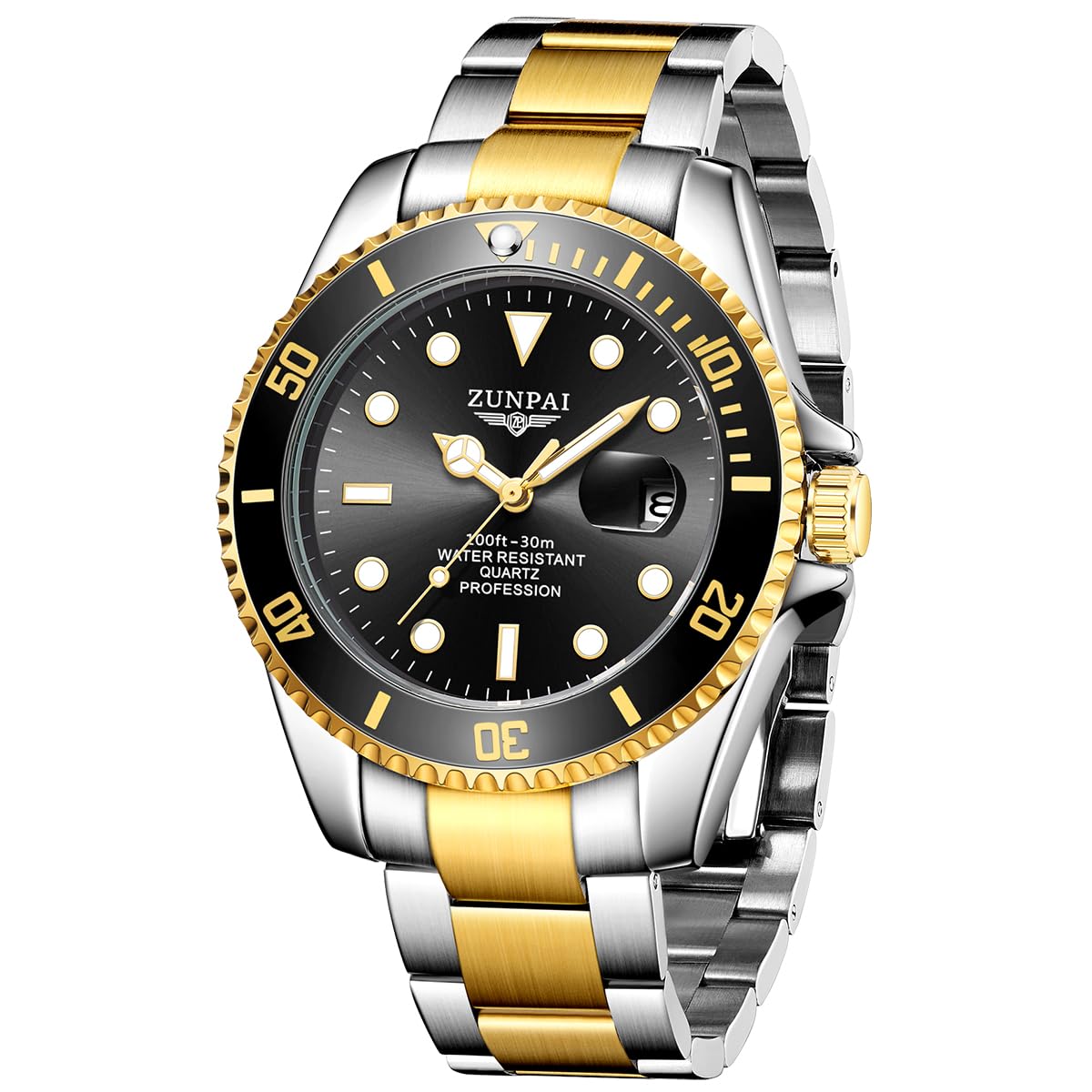 senstone Men's Watch Submariner Stainless Steel Strap Rotating Bezel Big Face with Luminous Calendar Water Resistant 30M