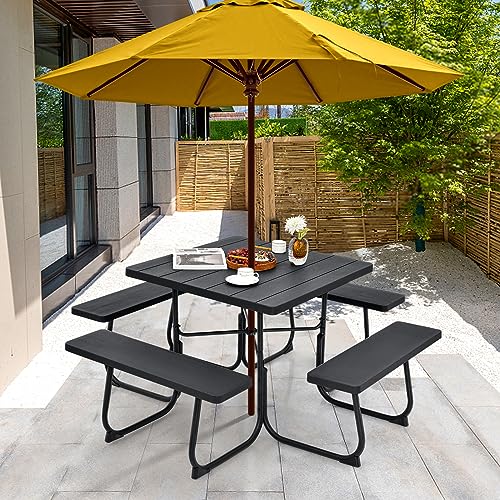 Image of Tangkula 8 Person Picnic Table, Outdoor Square Picnic Table with 4 Built-in Benches, Umbrella Hole, Metal Frame & HDPE Tabletop, Outside Table and Bench Set for Backyard, 2300lbs Weight Capacity