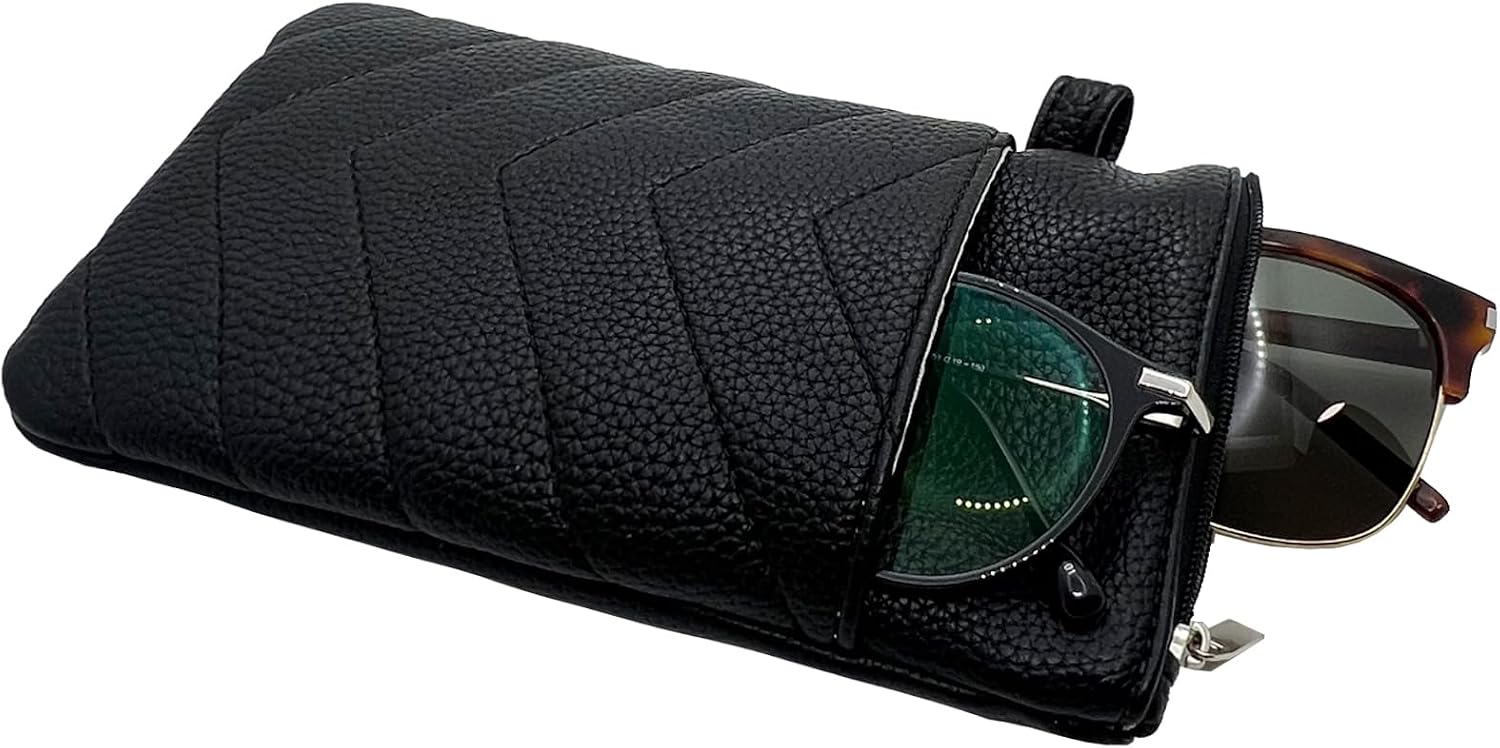 Double Eyeglasses Pouch with Zipper Closure,Soft Leather Sunglass Organizer Pouch,Portable Eyeglasses Case for men, women