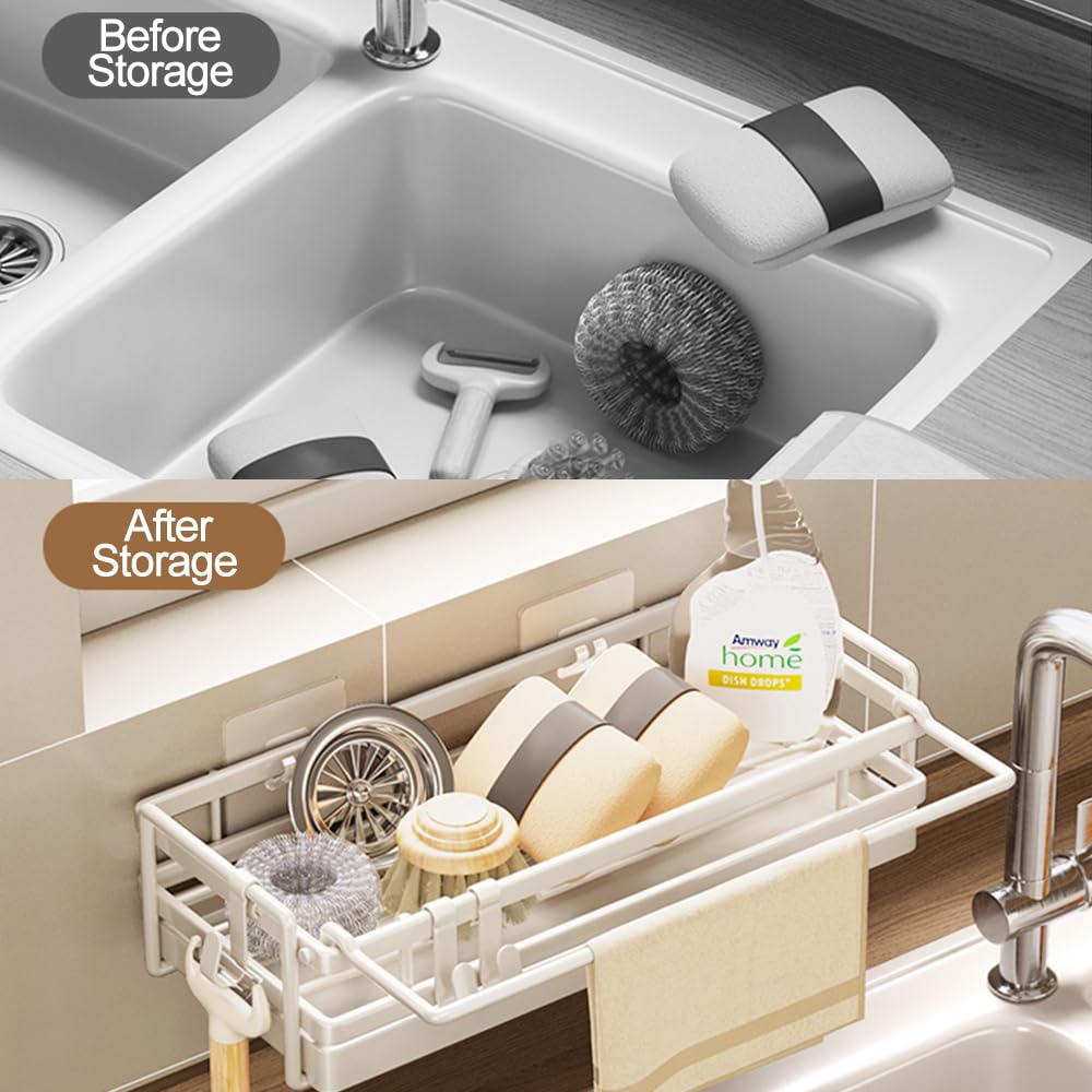 Organizer Da Parete Per Lavello - Con Vassoio Antigoccia Rimovibile, Ganci Mobili, Senza Foratura, Bianco/Nero - Foto 8