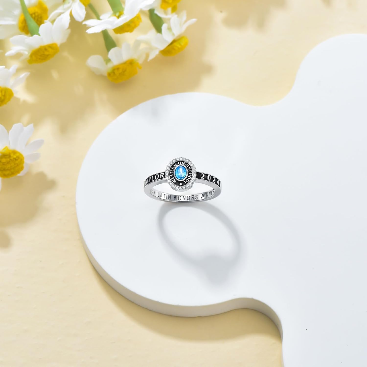 Personalized Ring for women Class Ring High School Ring Graduation Gifts Sterling silver/10k 14k 18k Gold Ovel Crystal Custom Class Ring for Women University Ring for Female