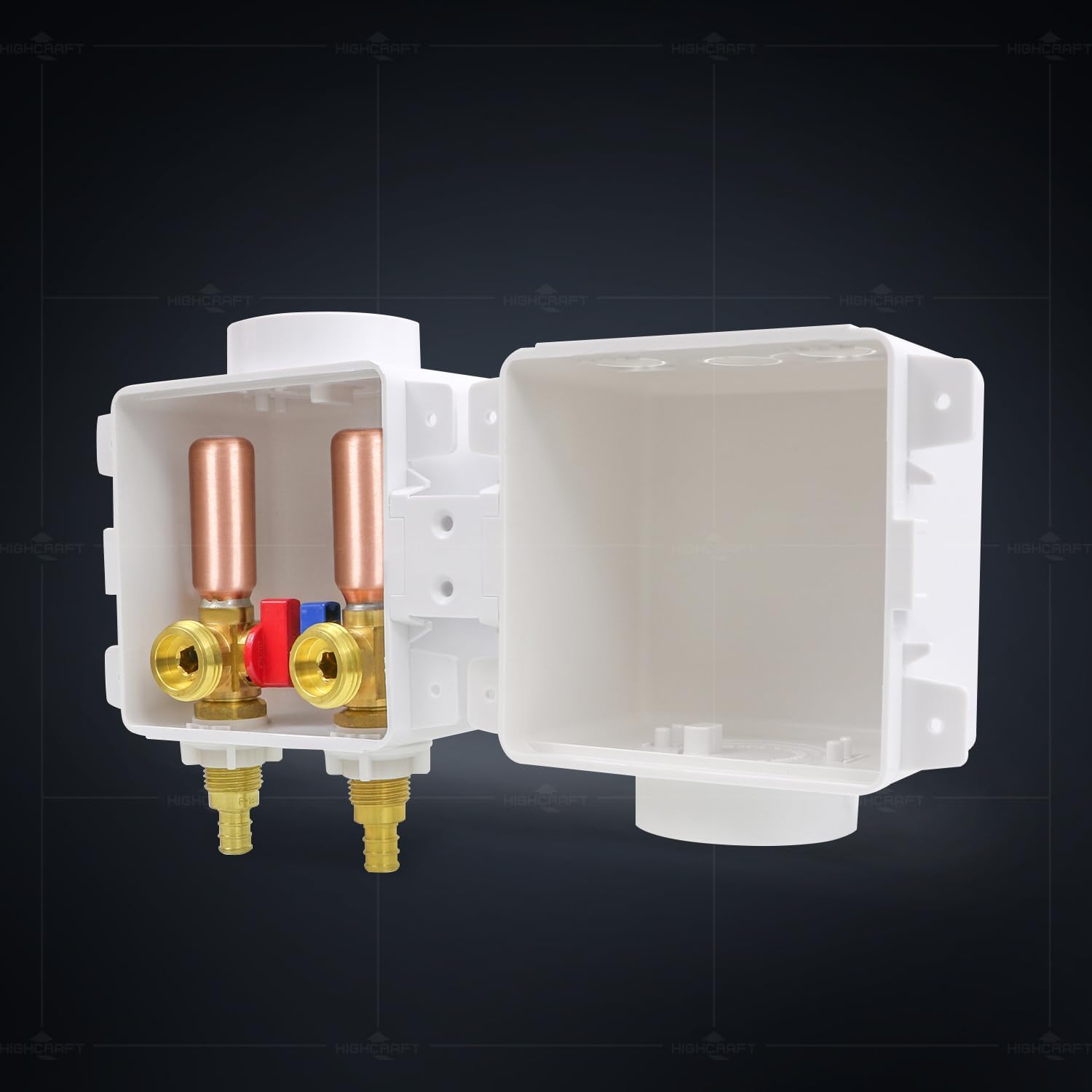Highcraft Washing Machine Outlet Box Double Interlocking Universal Utitliy Outlet Valve Box for Ice Makers, Gas Valves, Air Admittance Valves, Wash Machine, 1/2" PEX B Connection with Hammer Arrestor