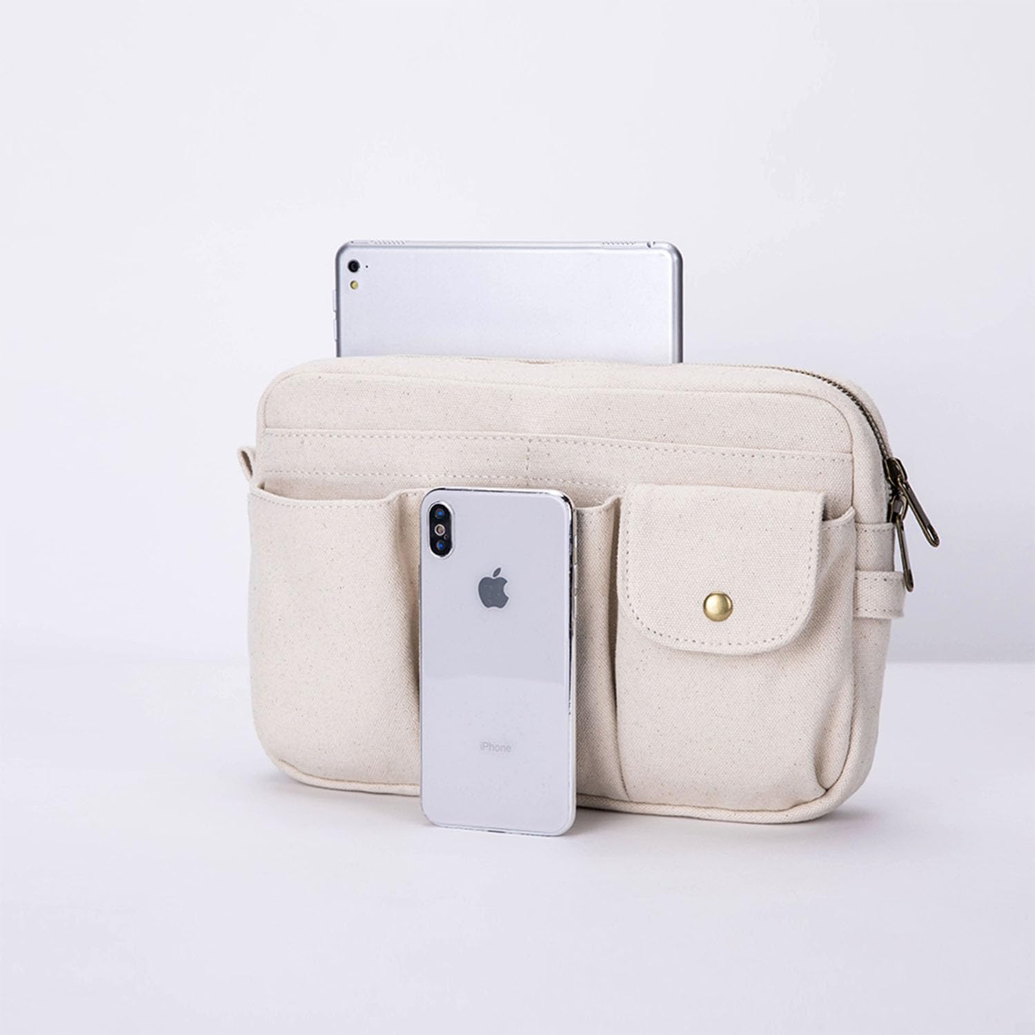 Kosmetiktasche mit großem Fassungsvermögen und mehreren Fächern für einfache Organisation und Reinigung, Beige/Leinen, 11.02" x 1.97" x 7.09", Casual