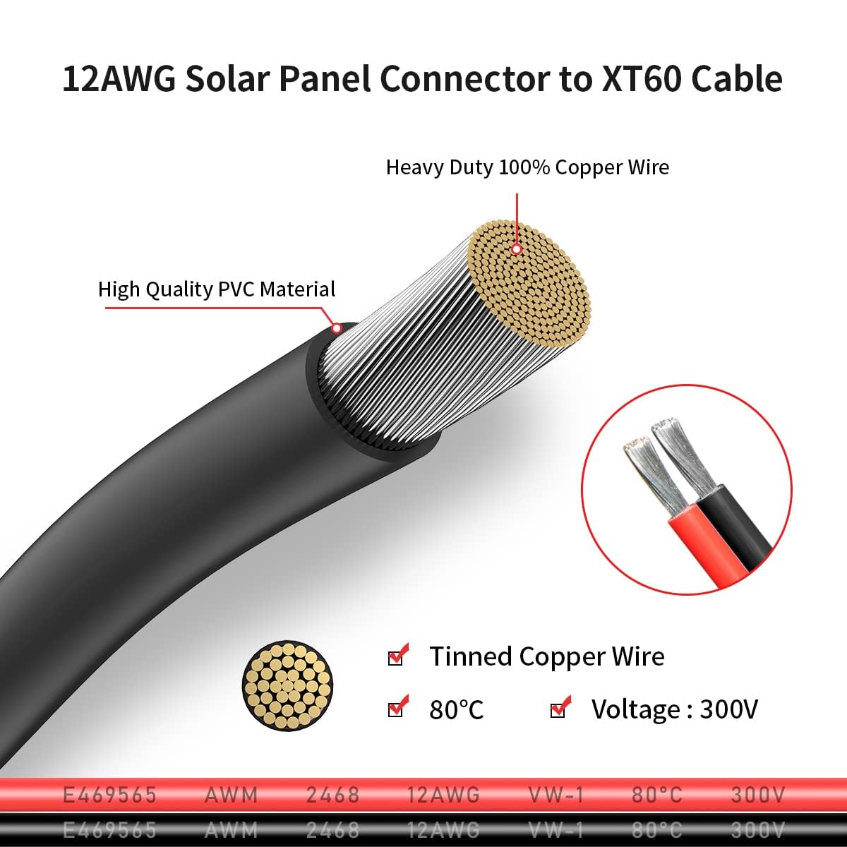 ELFCULB Cable solar XT60 de 12 AWG, 75 pies, 2, 10, 25, 35, 50, 75, 100 pies, XT60, cable de extensión de panel solar a XT60 macho para estación de energía portátil (75 pies)