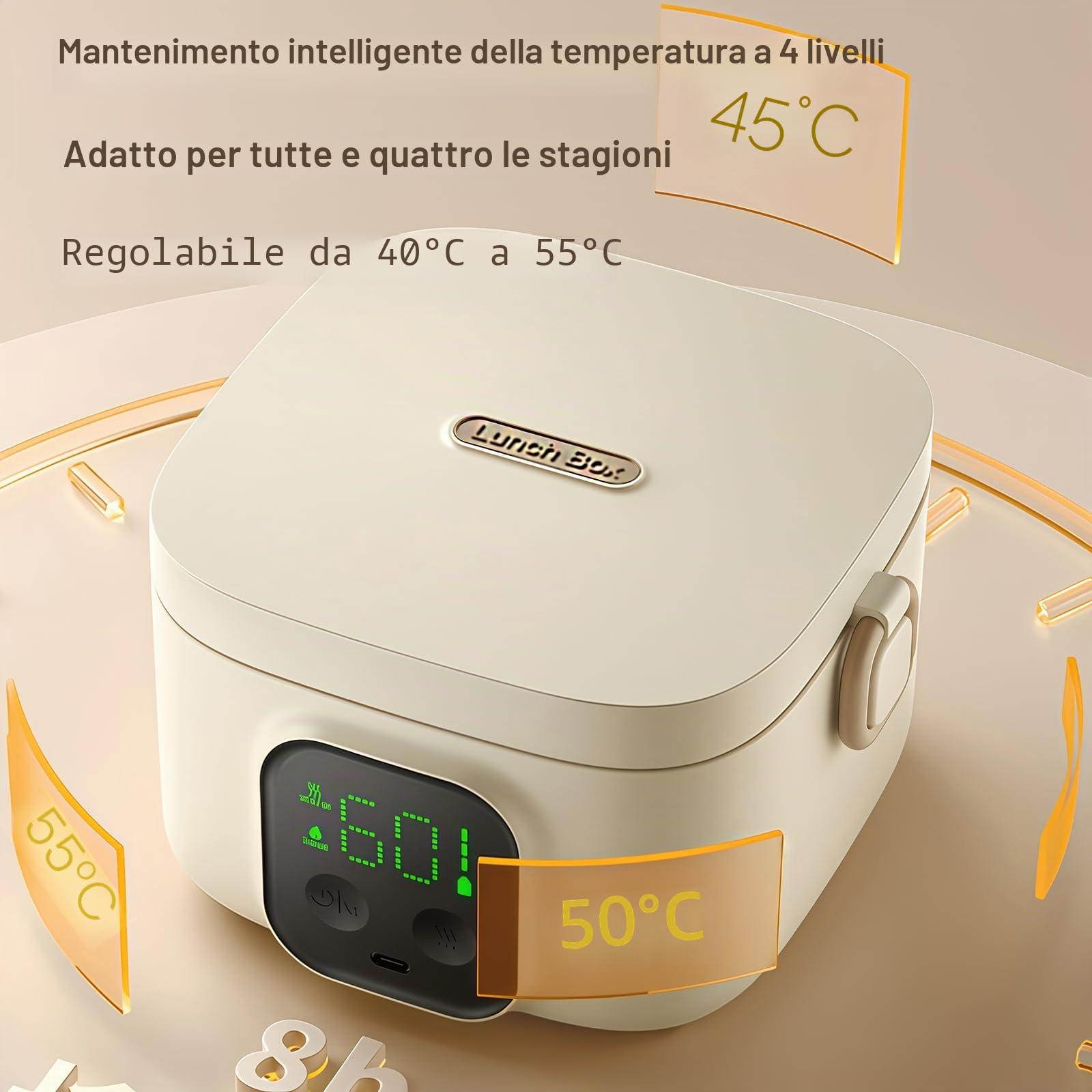 Lunch Box Elettrico Senza Fili da 14000 mAh - Scaldavivande Autoriscaldante da 800 ml con Timer Intelligente, Ricarica Type-C per Ufficio, Scuola e Viaggi 800ml
