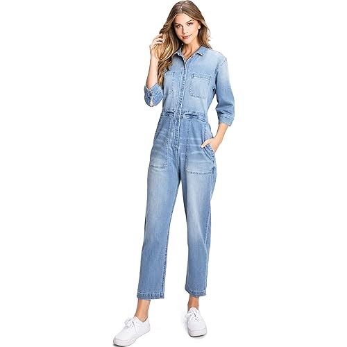 Lana Roux Womens Aviator Utility Relaxed Straight-Leg Denim Coverall Jumpsuit