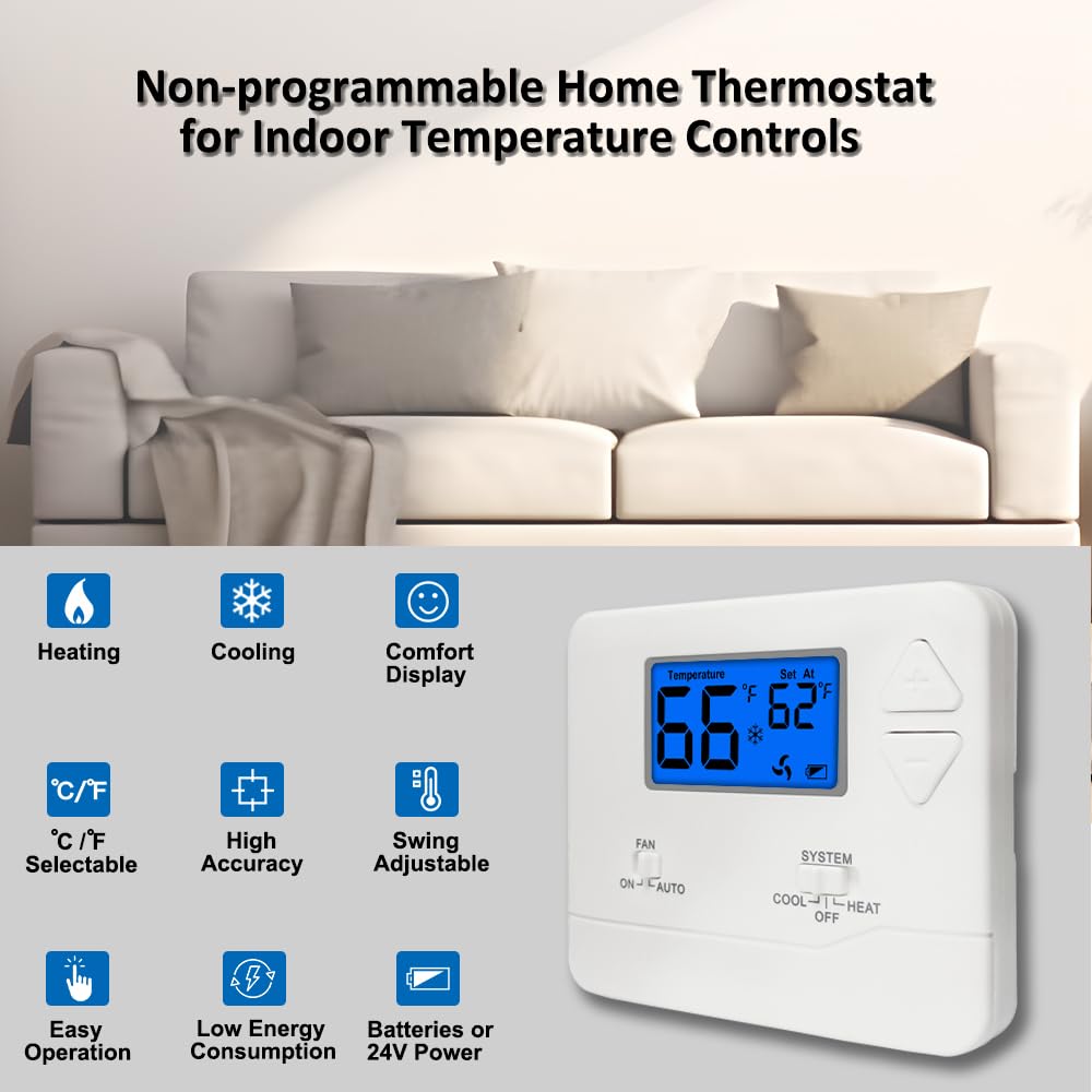 Termostato digital no programable para sistemas domésticos de una sola etapa, 1 calor/1 frío, fácil instalación, retroiluminación azul